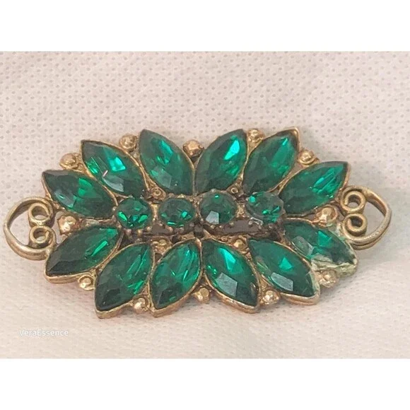 Rectangle Clear Green Victorian Revival Gold Toned Brooch Pin Vintage